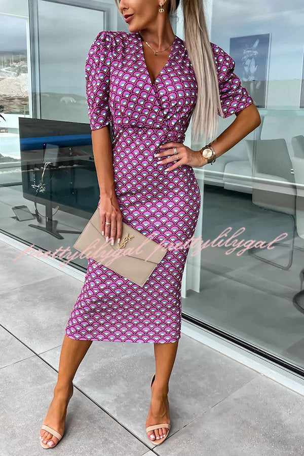 Late Night Gala Satin Printed Puff Sleeve Midi Dress