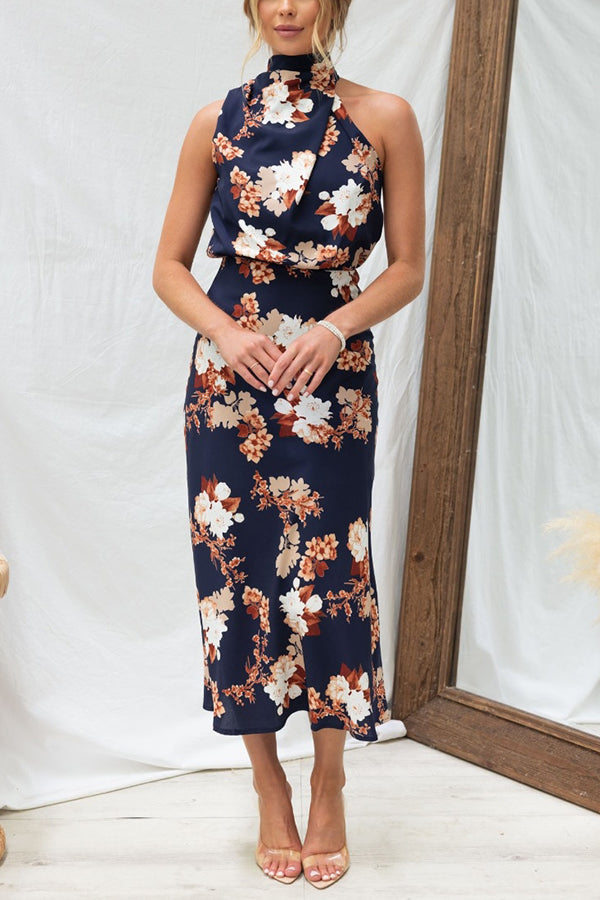 Wine Country Dates Floral Halter Neck Elastic Waist Maxi Dress