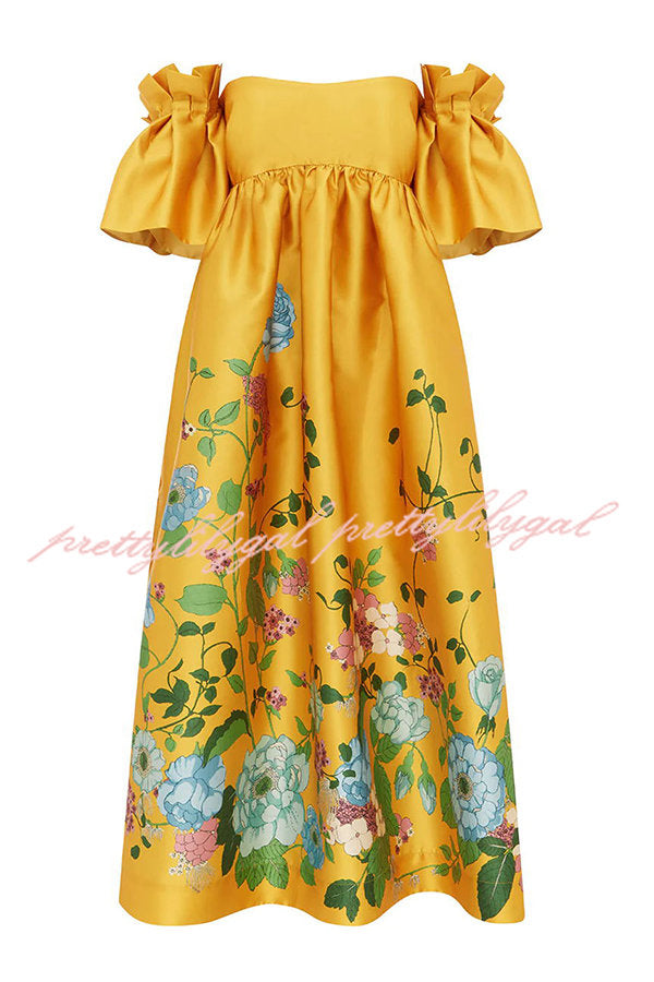 Sweetest Marigold Printed Gathered Sleeve Pocketed A-line Midi Dress