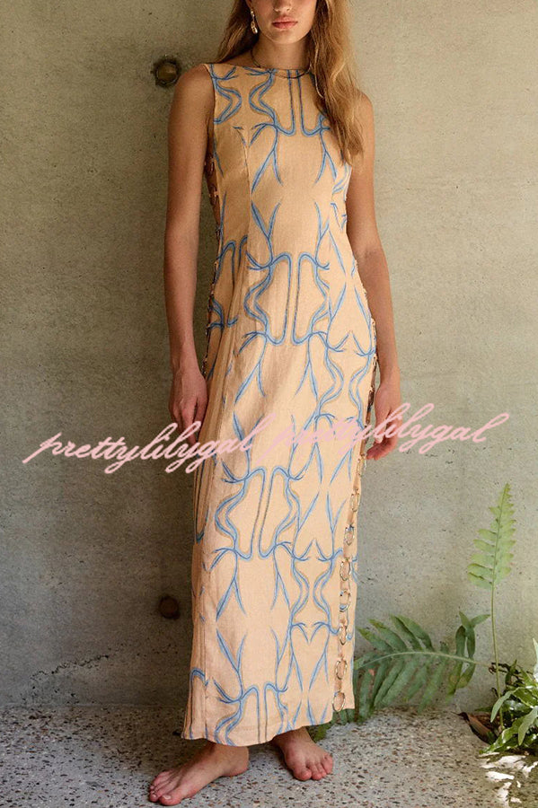 Glimmer of Hope Linen Blend Unique Print Side Hollow Ring Design Maxi Dress