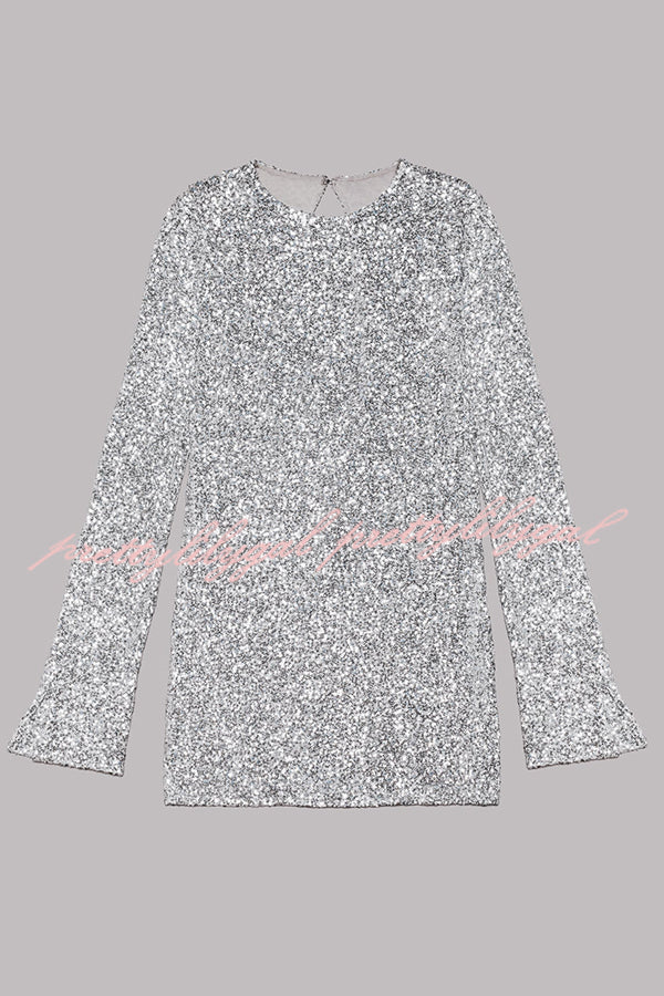 Flash Focus Sequin Extra Long Slit Sleeves Open Back Mini Dress