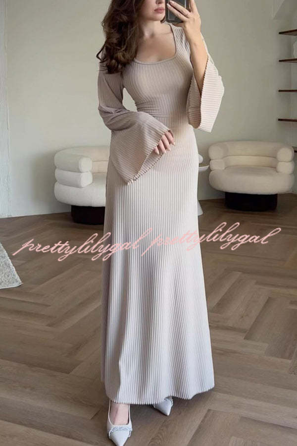 Comfortable Elegance Ribbed Bell Long Sleeve Stretch Maxi Dress