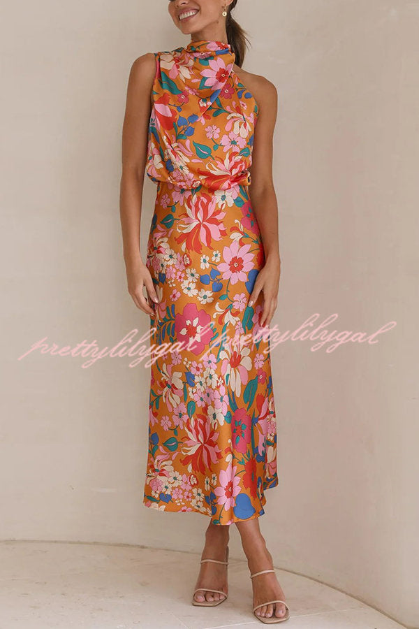 Fascinating Day Floral Halter Neck Elastic Waist Maxi Dress