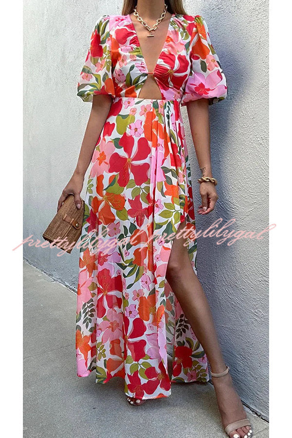 Del Mare Floral Puff Sleeve Front Cutout High Low Maxi Dress