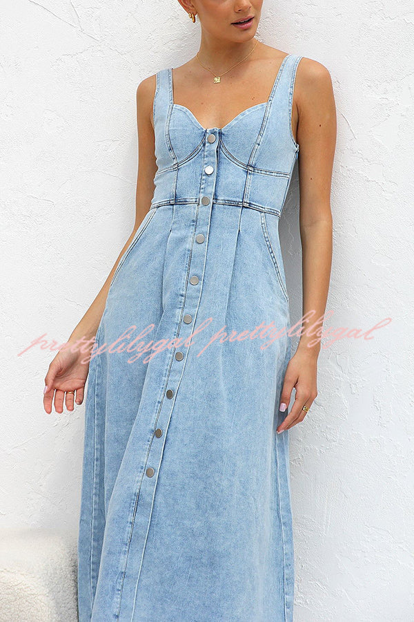 Spring Fling Washed Denim Button Pocket Back Smocked Midi Dress