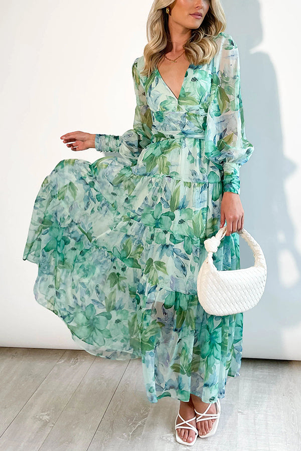 Olena Abstract Floral Balloon Sleeves Maxi Dress