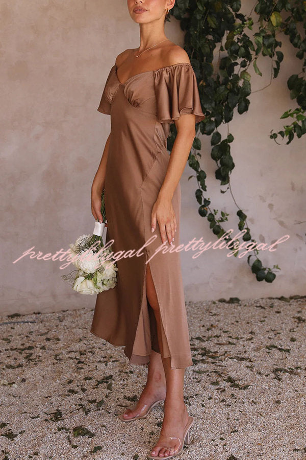 Pure Love Satin Butterfly Sleeve Slit Midi Dress