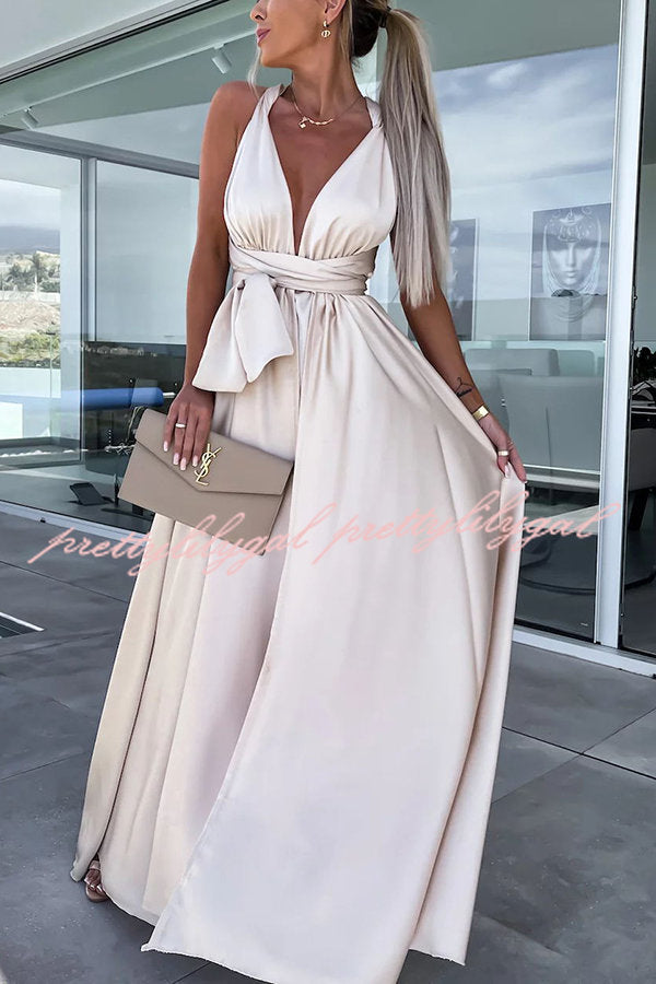 Different Elegant Effects Satin Free Tie Neck Slit Maxi Dress