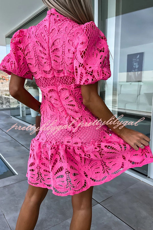 Ever So Sweet Crochet Lace Puff Sleeve Mini Dress