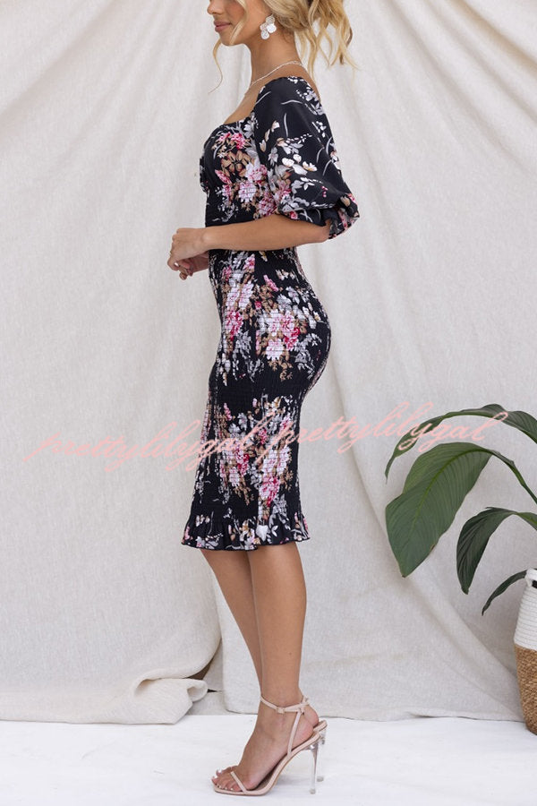 Midnight Beauty Floral Smocked Midi Dress