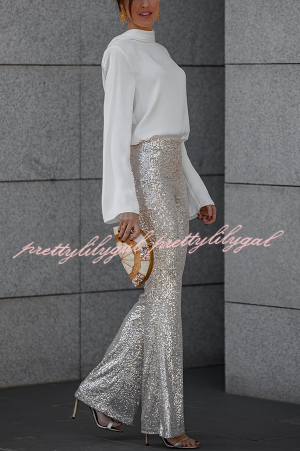 Diva Sequin High Rise Elastic Waist Flare Pants