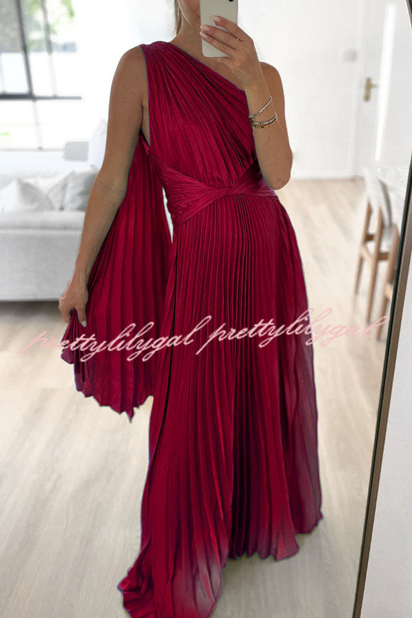 Keira One Shoulder Pleated Satin Maxi Dress