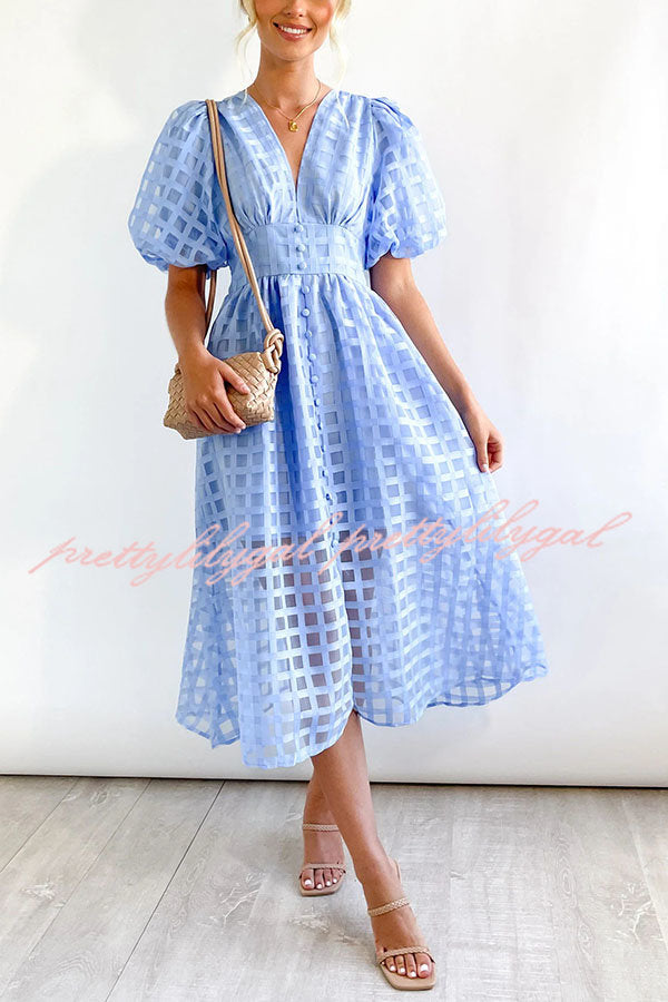 Remarkable Beauty Square Patterned Fabric Puff Sleeve Midi Dress