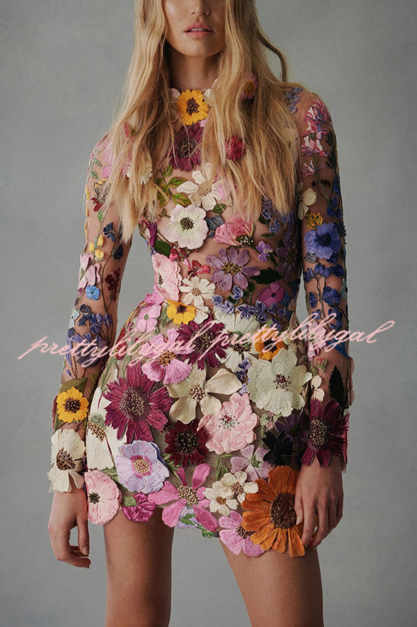 Elegantly Enchanted Floral Applique Backless Long Sleeve Mini Dress