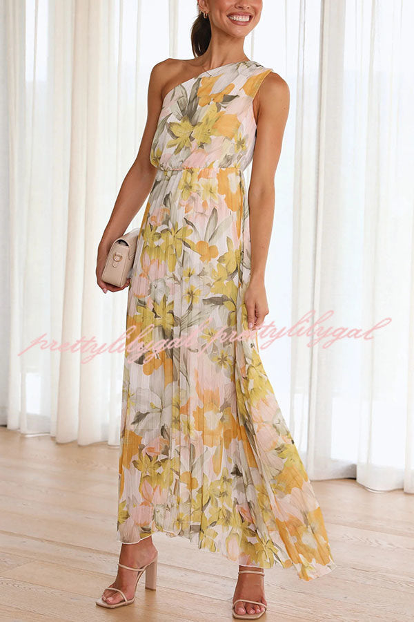 Saw An Angel Floral One Shoulder Elastic Waist Pleated Maxi Dress