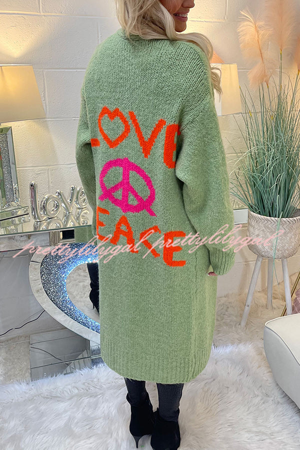 Neon Love Peace Chunky Knit Pocket Straight Midi Cardigan