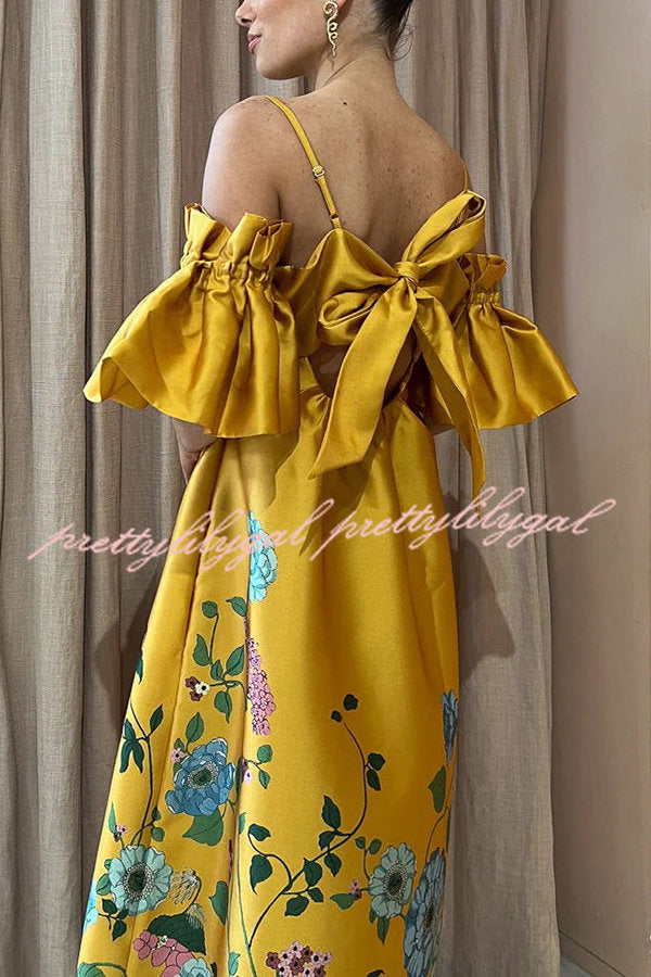 Sweetest Marigold Printed Gathered Sleeve Pocketed A-line Midi Dress