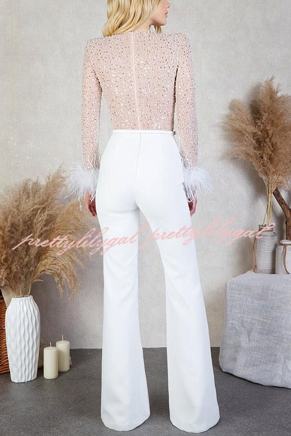 Ready for Vegas Feather Detail Trim Sequin Jumpsuit