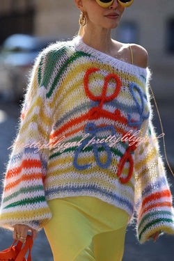 Sunset Cosy Knit Rainbow Contrast Striped Hollow Out Loose Sweater