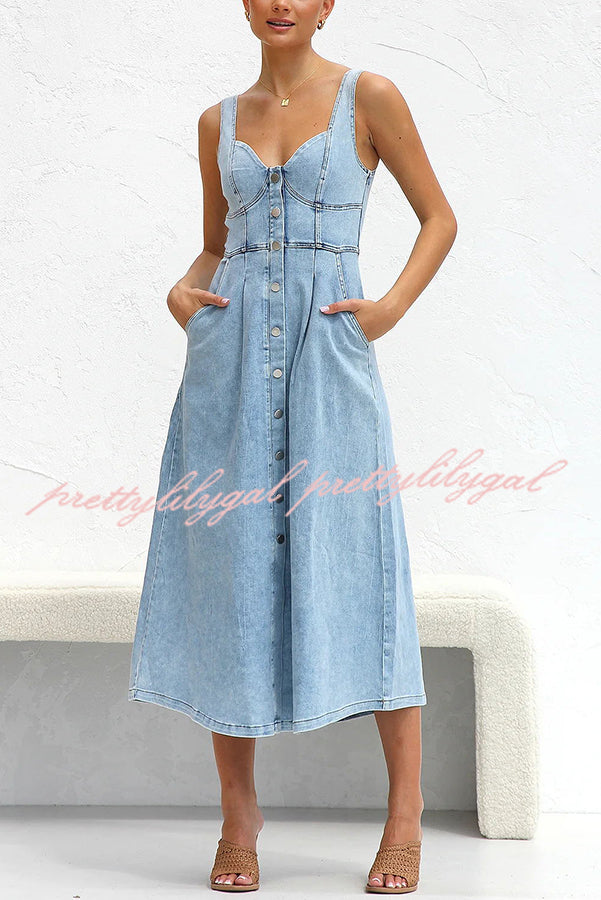 Spring Fling Washed Denim Button Pocket Back Smocked Midi Dress