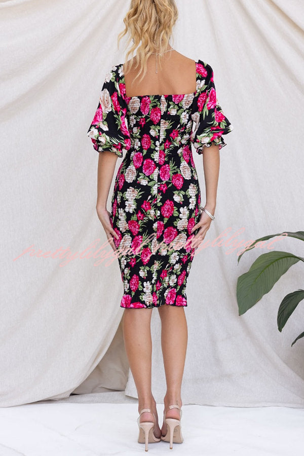 Midnight Beauty Floral Smocked Midi Dress