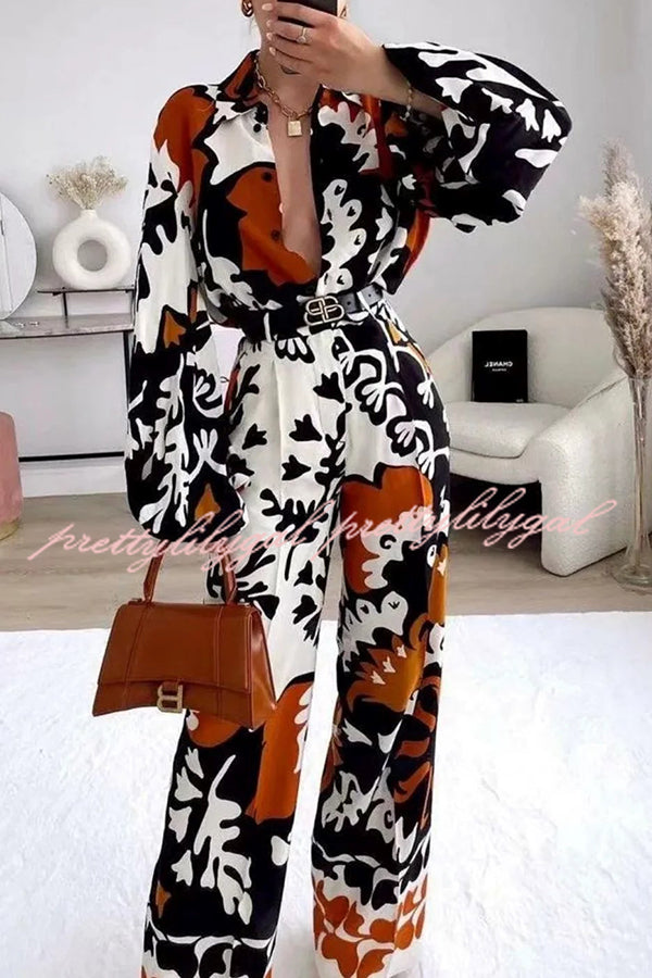 Belt Irregular Print Pocket Long Sleeve Top Trousers Set