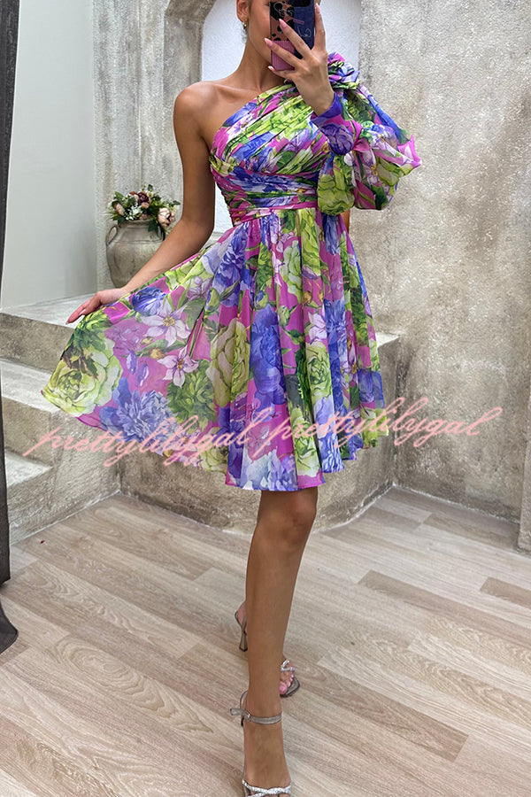 Vivid Visions Floral Print Pleated One Shoulder Sleeve Swing Mini Dress